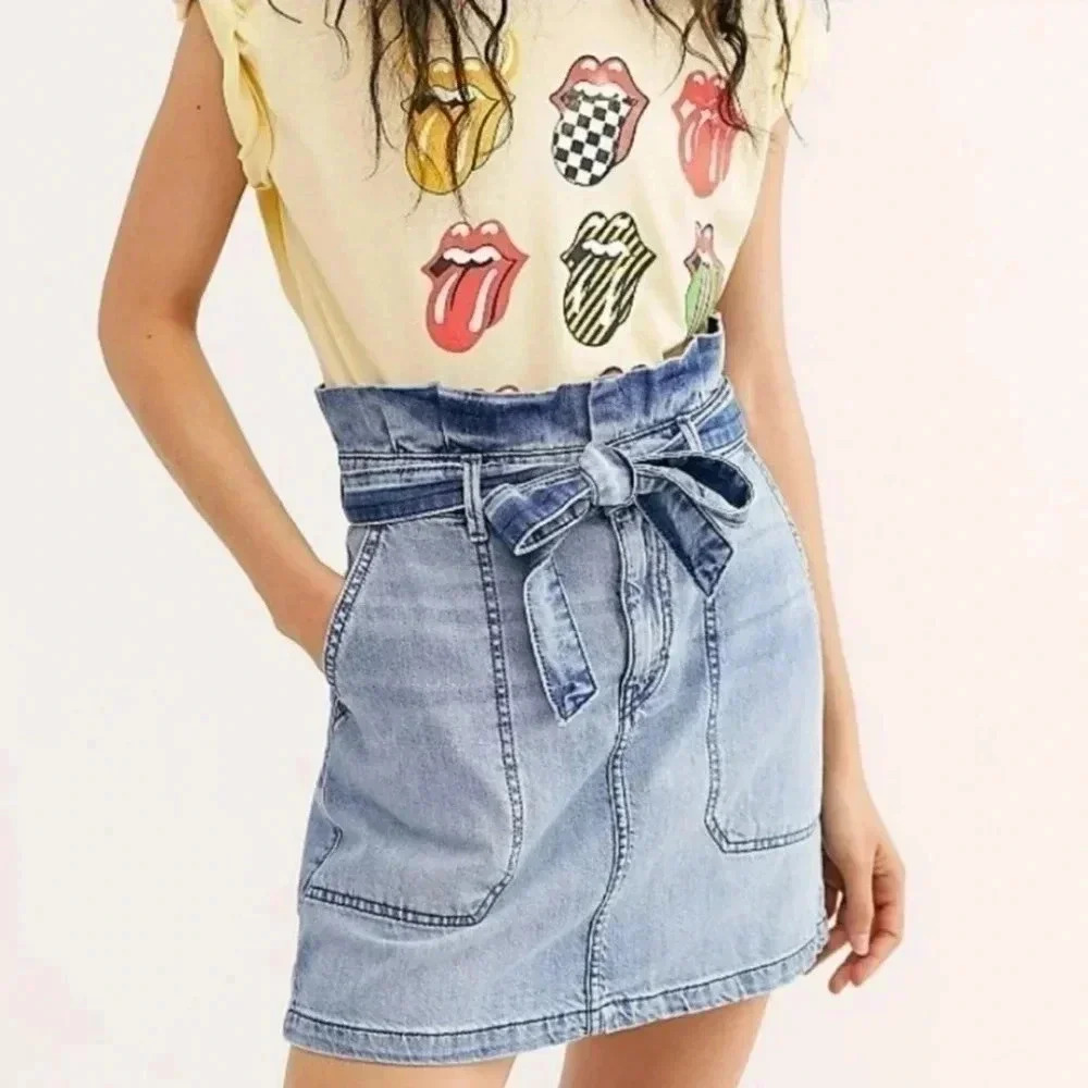 Free People Light Blue Denim Paperbag Waist Mini Skirt